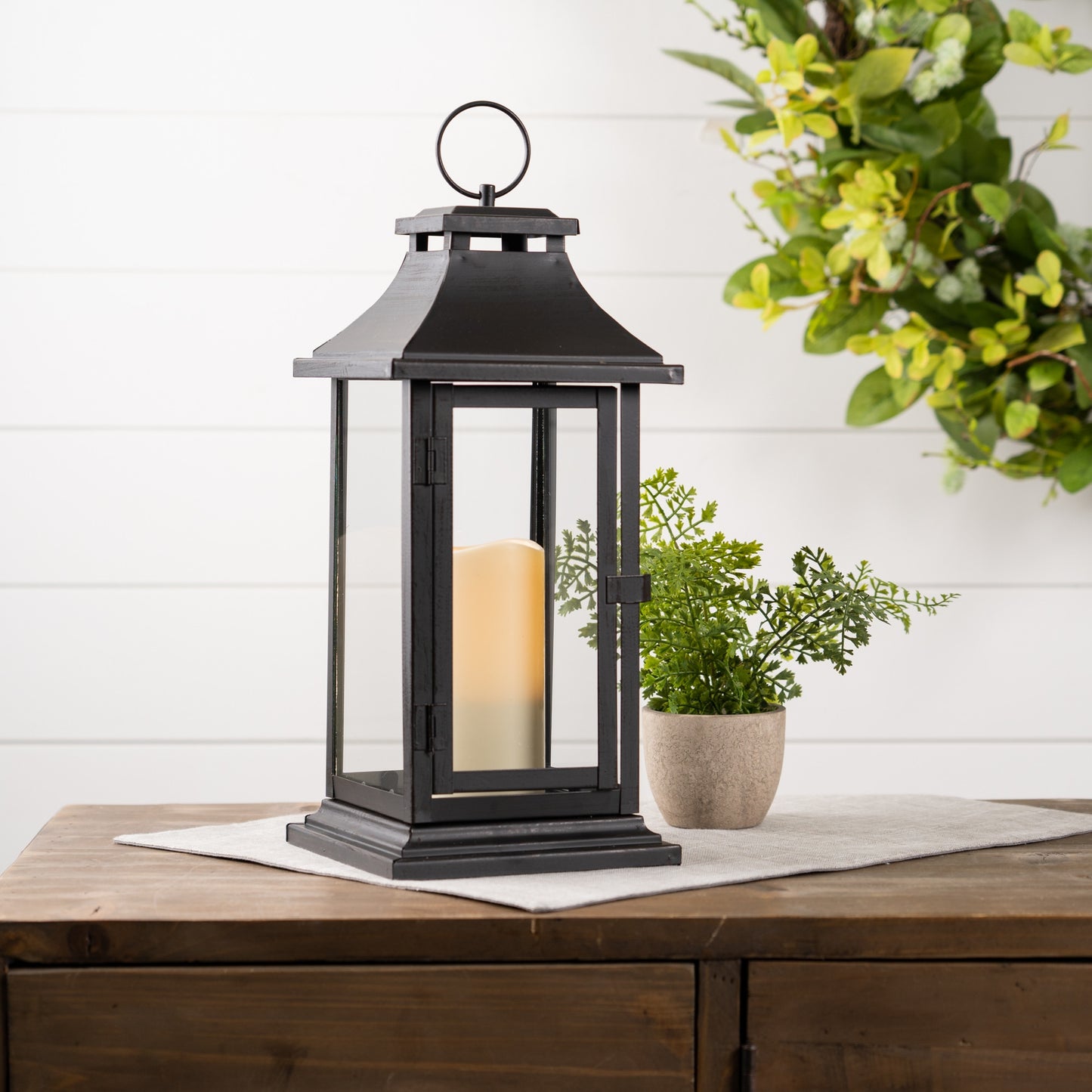 Set of Two Black Floor Lantern Candle Holders With Candles-6