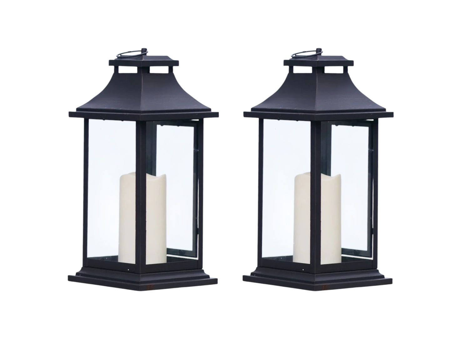 Set of Two Black Floor Lantern Candle Holders With Candles-1