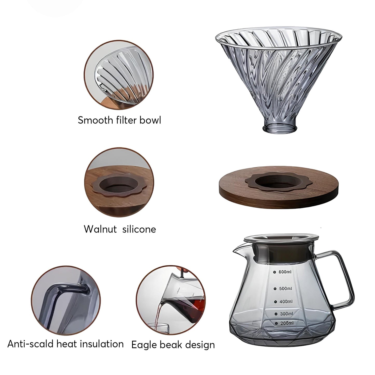 Coffee Brewing V60 Set with Walnut Wood Holder and Sharing Pot