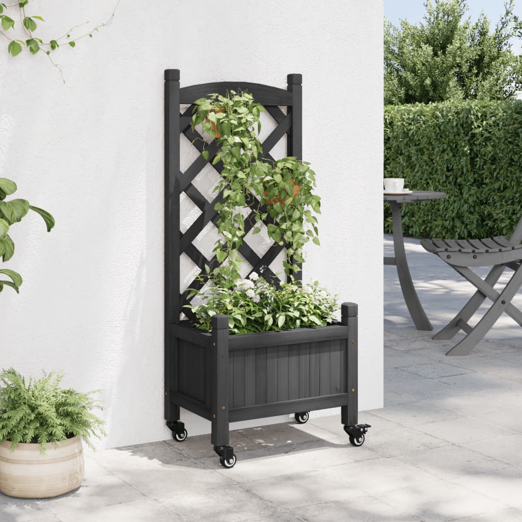 vidaXL Planter with Trellis and Wheels Black Solid Wood Fir-1