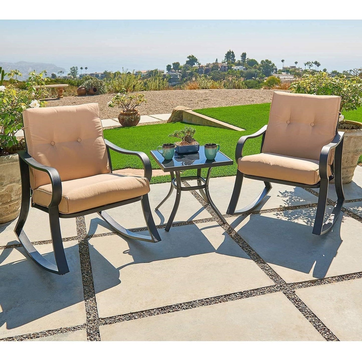 3-Piece Outdoor Patio Furniture Table Rocking Chairs Set with Beige Cushions-1