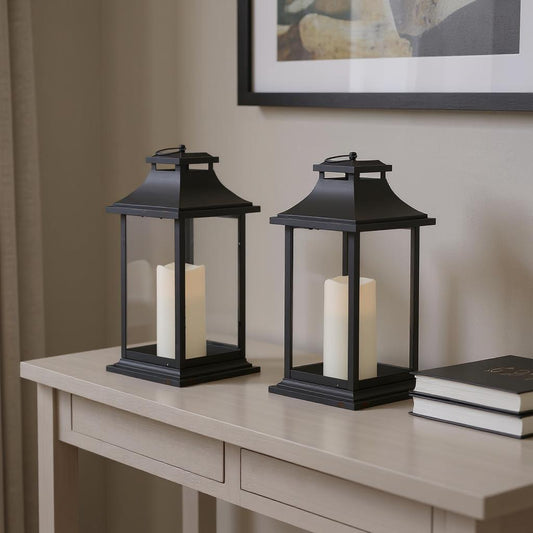 Set of Two Black Floor Lantern Candle Holders With Candles-0