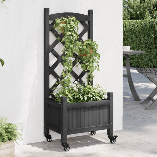 vidaXL Planter with Trellis and Wheels Black Solid Wood Fir-0